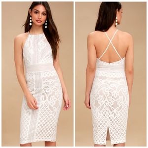 NWT Lulu's Primrose Nude and White Lace Bodycon Midi Dress Size Small